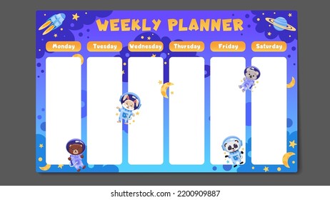 Weekly planner, back to school timetable template with cute space animals astronauts, planets, spaceship, moon and stars. Kids schedule design template. Vector children flat illustration