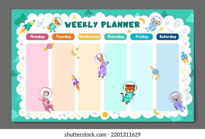 Planificador semanal, de vuelta a la escuela plantilla de horarios con astronautas lindos de animales espaciales, planetas, nave espacial, luna y estrellas. Plantilla de diseño de programación para niños. Ilustración plana de niños vectores