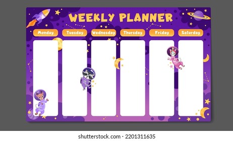 Weekly planner, back to school timetable template with cute space animals astronauts, planets, spaceship, moon and stars. Kids schedule design template. Vector children flat illustration