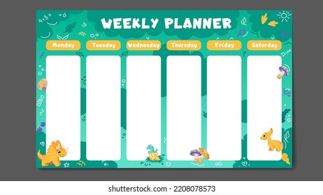 Weekly Planner, Back To School Timetable Template With Cute Different Dinosaurs. Kids Schedule Design Template With Dinos. Vector Children Flat Illustration