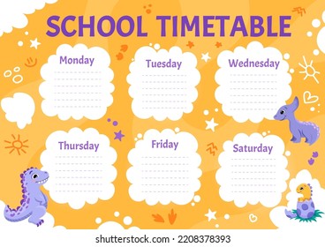 Weekly planner, back to school timetable template with cute different dinosaurs. Kids schedule design template with dinos. Vector children flat illustration