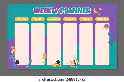 Weekly planner, back to school timetable template with school supplies. Kids schedule design template. Vector children flat illustration