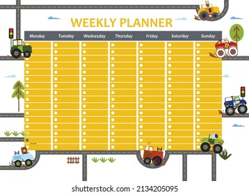 weekly planner background with cars, trees, cloud. Vector illustration for kid and baby