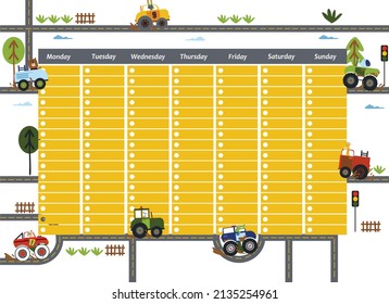 weekly planner background with cars, trees, cloud. Vector illustration for kid and baby