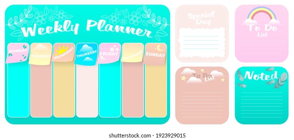 Weekly planner, background with rainbow, clouds. School planner. Collection of planner, notes, to-do list, sticker templates. Vector illustration