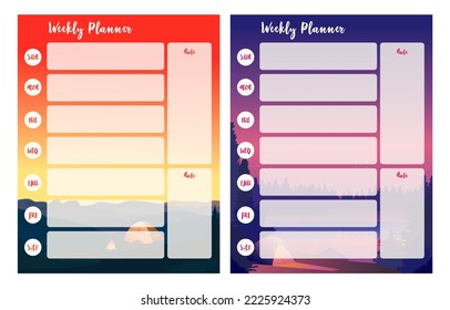 Weekly planner with beautiful mountain landscapes on background. Weekly template and notes place for diary business. Vector illustration.