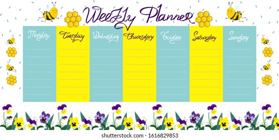 Weekly planner with bees and flowers. Vector graphics.