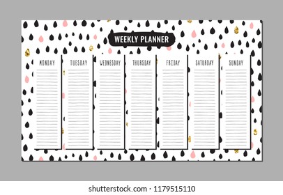 Weekly planner. Black ink, pink, white and gold glitter hand drawn doodle drops (vector). Part three.
