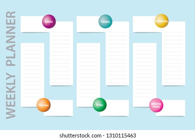 Weekly planner with blank label for daily tasks and blank white labels for each day of the week designed by different color are ready for your text. All is on the light blue background.