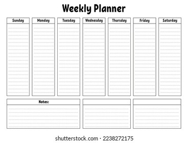 Weekly planner. Blank minimalistic printable template. Vector illustration.