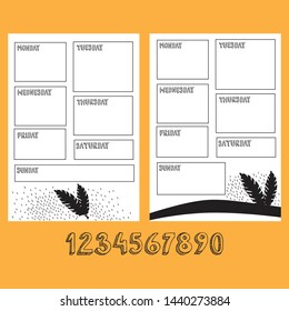 Weekly planner blank template. Sunday, monday, tuesday, wednesday, thursday, friday, saturday words for diary, bullet journal, notebook. Two templates with jungle leaves on white background.