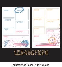 Weekly planner blank template. Sunday, monday, tuesday, wednesday, thursday, friday, saturday words for diary, bullet journal, notebook. Two colorful templates with brush strokes on white background.