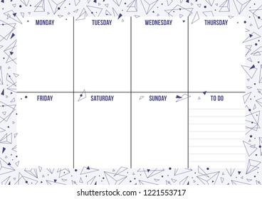 Weekly planner with blue geometric shape. Blank with place for notes. Vector template page for print, office, school.