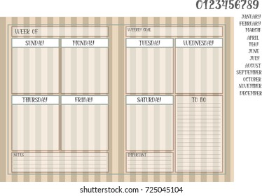Weekly planner book on a brown background and names of months