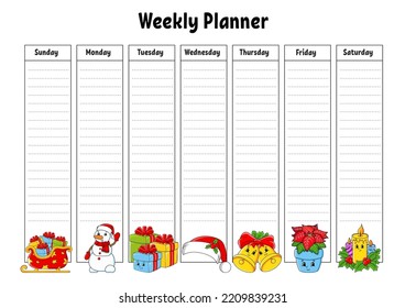 Weekly planner. Bright colorful blank printable template. Christmas theme. Vector illustration.