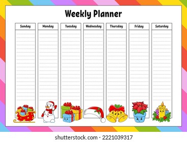 Weekly planner. Bright colorful blank printable template. Christmas theme. Vector illustration.