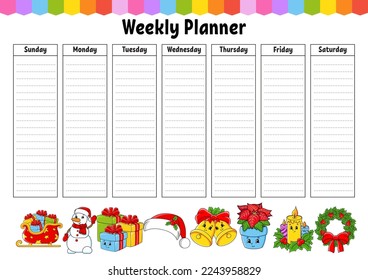 Weekly planner. Bright colorful blank printable template. Christmas theme. Vector illustration.