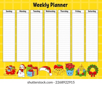 Weekly planner. Bright colorful blank printable template. Christmas theme. Vector illustration.