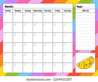 Weekly planner. Bright colorful blank printable template. Vector illustration.