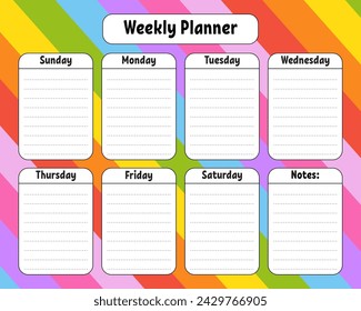Weekly planner. Bright colorful blank printable template. Vector illustration.