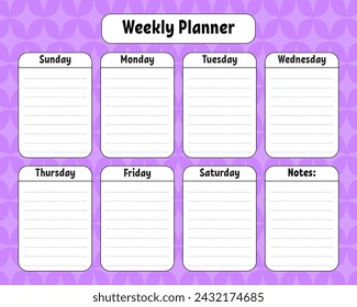 Weekly planner. Bright colorful blank printable template. Vector illustration.