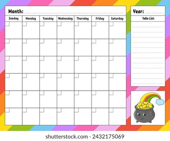 Weekly planner. Bright colorful blank printable template. Vector illustration.
