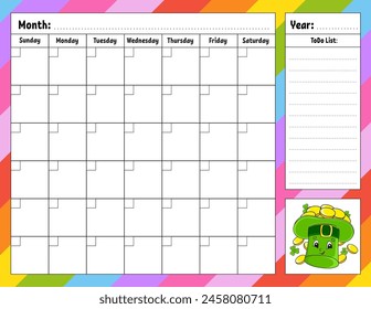 Weekly planner. Bright colorful blank printable template. Vector illustration.