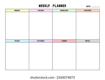 Weekly planner calendar template for notes. Vector illustration.