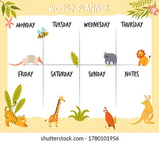 Weekly planner card, banner with cute wild animals. Vector illustration