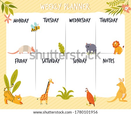 Weekly planner card, banner with cute wild animals. Vector illustration