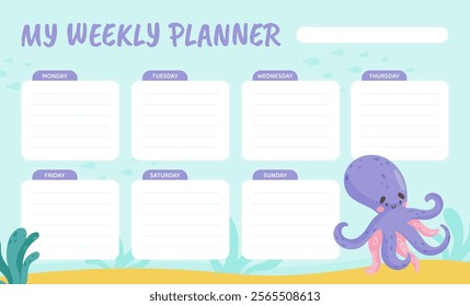 Weekly Planner Card with Sea Animal and Marine Underwater Swimming Creature Vector Template