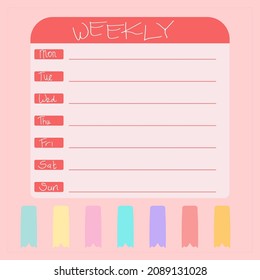 ilustración vectorial de la tarjeta de planificación semanal color rosa o rojo