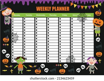Weekly planner in cartoon style. Halloween. Kids schedule design template