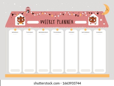 Weekly planner with in cartoon style. Student, kids, stationery organizer for daily plans, to do list, wish list, schedule, notes. Ideal for organize life, routines, dreams and personal plans