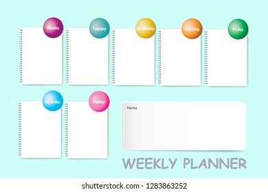 Weekly planner with a chart for notes and blank spiral notebook for each day of the week designed by different color are ready for your text. 