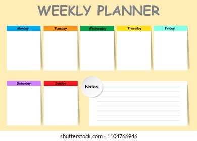 Weekly planner with a chart for notes and white charts for each day of the week designed by different color are ready for your text. 