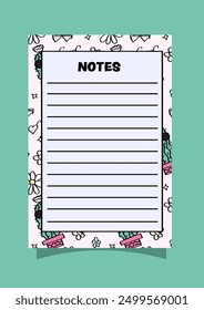 süßer Kaktus und Blumenmuster auf einem Memo Note Design Template.