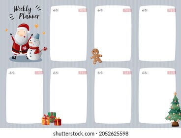 Weekly planner with Christmas illustrations. Template for agenda, schedule, planners, checklists, notebooks, cards and other stationery.