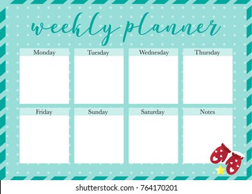 Weekly Planner Christmas. Printable planner for use. Different Christmas decorations.  Vector illustration.