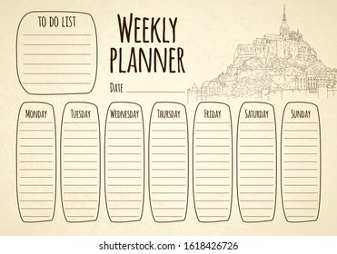 Weekly planner. City sketching. Line art silhouette. Travel card. Tourism concept. France, Mont Saint-Michel. Sketch style vector illustration.