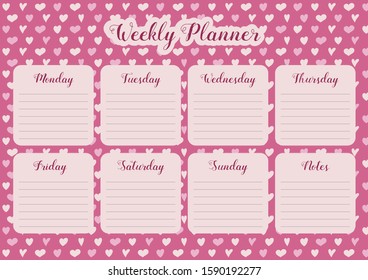 Weekly planner with colorful hand drawn hearts. Vector