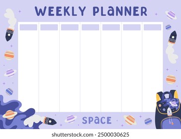 Wöchentlicher Planer mit kosmischer Illustration. Tasche für Mädchen und Jungen mit Raumschiff, Planet, Sternhintergrund. Zurück zum Schulkonzept. Lifestyle-Planer für 7 Tage. Entwurfsvorlage planen. Vektorgrafik.