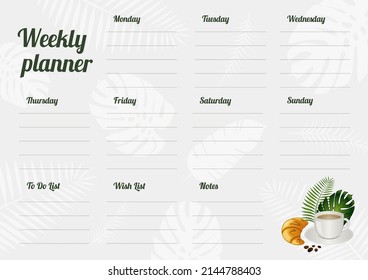 Planner semanal con taza de café, cruasán y plantas tropicales. Ilustración vectorial.