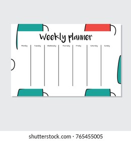 Weekly Planner with cup of tea in cartoon style. Perfect for Print, Template, to do list. Vector isolated illustration