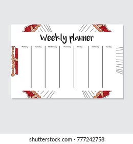 Weekly planner with cupcake  pattern in cartoon style. Perfect for print, schedule and creative design. Vector illustration. 
