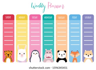 Weekly Planner Cute Animal Hand draw vector 