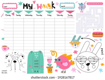 Weekly planner with cute animals in cartoon style. Kids schedule design template. Included mini games - maze, coloring page. Vector illustration.