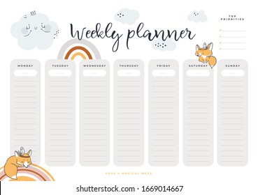 Weekly planner with cute baby fox animal, cartoon rainbows, cloud. Student, kids, stationery organiser 