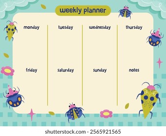 Weekly Planner with Cute Bugs Insects Flower