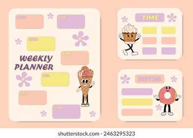 Weekly planner. Cute cartoon characters in a groovy style. Schedule for children. Calendar for elementary school students vector table. Vector illustration.